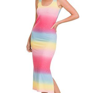 ZENANA MULTI COLOR GRADIENT PRINT SCOOP NECK SLEEVELESS SPLIT SIDES OMBRE' DRESS